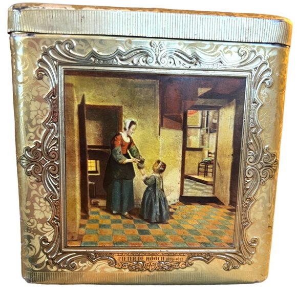 Vtg Embossed Holland Tin Box Old Master Art Hinged Gold Silver READ 4.75" Square - Picture 9 of 16